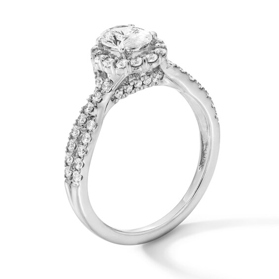 1 CT. T.w. Oval Certified Lab-Grown Diamond Frame Engagement Ring with Crossover Shank in Platinum (F/Si2)