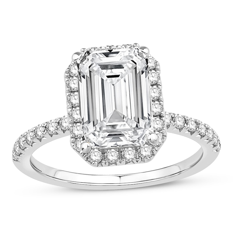 Main Image 1 of 3-1/2 CT. T.W. Emerald-Cut Certified Lab-Grown Diamond Frame Engagement Ring in Platinum (F/VS2)