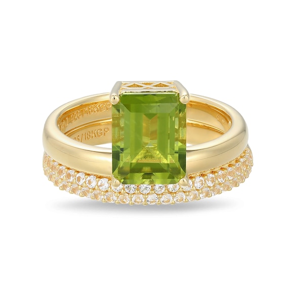 Emerald-Cut Peridot and White Lab-Created Sapphire Stacked Ring Set Sterling Silver with 18K Gold Plate