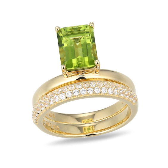 Emerald-Cut Peridot and White Lab-Created Sapphire Stacked Ring Set Sterling Silver with 18K Gold Plate