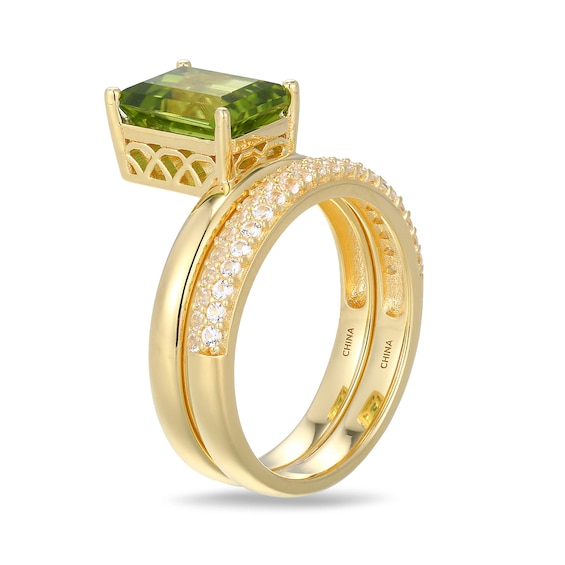 Emerald-Cut Peridot and White Lab-Created Sapphire Stacked Ring Set Sterling Silver with 18K Gold Plate