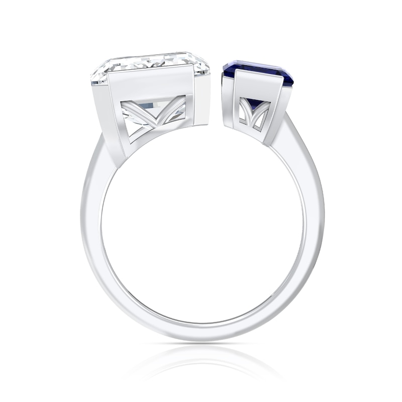 Main Image 4 of Octagon-Shaped Blue and White Lab-Created Sapphire Open-Shank Toi et Moi Ring in Sterling Silver