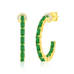 Baguette-Cut Lab-Created Emerald and White Lab-Created Sapphire Hoop Earrings in Sterling Silver with 14K Gold Plate