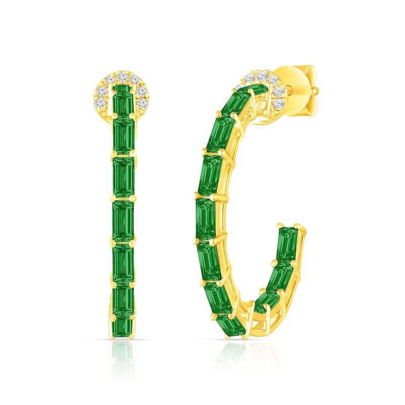 Main Image 1 of Baguette-Cut Lab-Created Emerald and White Lab-Created Sapphire Hoop Earrings in Sterling Silver with 14K Gold Plate