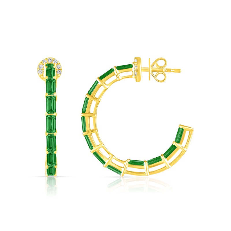 Main Image 2 of Baguette-Cut Lab-Created Emerald and White Lab-Created Sapphire Hoop Earrings in Sterling Silver with 14K Gold Plate