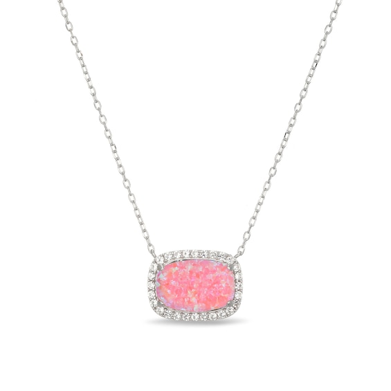 Emerald-Shaped Pink Lab-Created Opal and White Lab-Created Sapphire Necklace in Sterling Silver