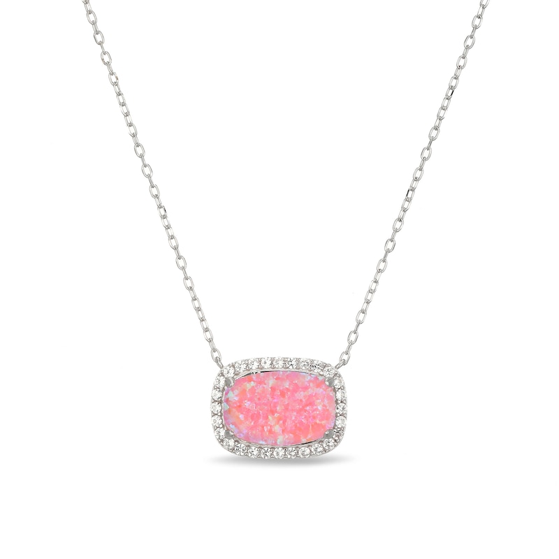 Main Image 1 of Emerald-Shaped Pink Lab-Created Opal and White Lab-Created Sapphire Necklace in Sterling Silver