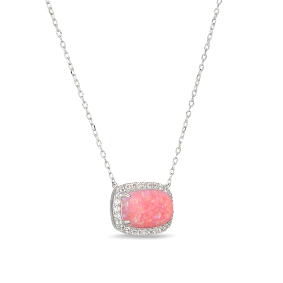 Emerald-Shaped Pink Lab-Created Opal and White Lab-Created Sapphire Necklace in Sterling Silver