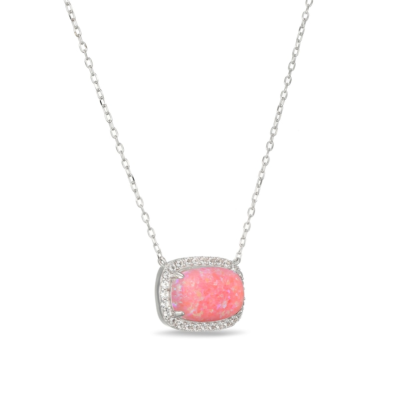 Main Image 2 of Emerald-Shaped Pink Lab-Created Opal and White Lab-Created Sapphire Necklace in Sterling Silver