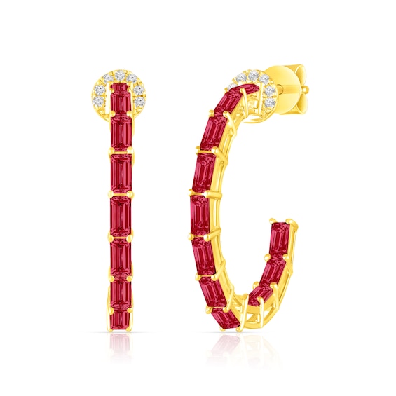 Baguette-Cut Lab-Created Ruby and White Lab-Created Sapphire Hoop Earrings in Sterling Silver with 14K Gold Plate