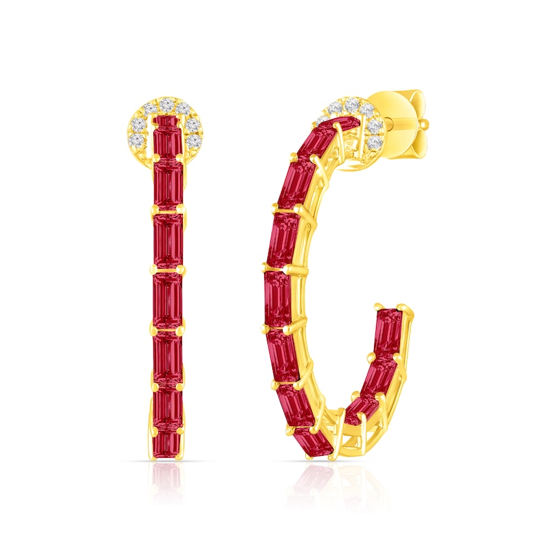 Main Image 1 of Baguette-Cut Lab-Created Ruby and White Lab-Created Sapphire Hoop Earrings in Sterling Silver with 14K Gold Plate
