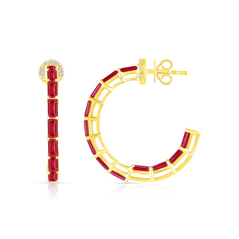 Main Image 2 of Baguette-Cut Lab-Created Ruby and White Lab-Created Sapphire Hoop Earrings in Sterling Silver with 14K Gold Plate