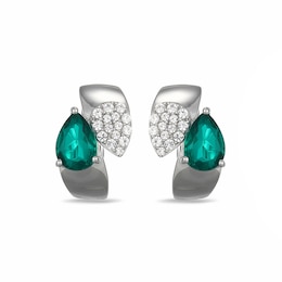 Pear-Shaped Green Quartz Doublet and White Lab-Created Sapphire Huggie Hoop Earrings in Sterling Silver