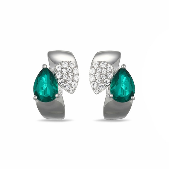 Pear-Shaped Green Quartz Doublet and White Lab-Created Sapphire Huggie Hoop Earrings in Sterling Silver