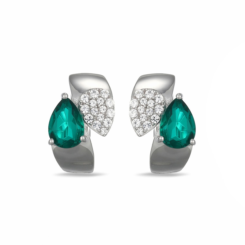 Main Image 1 of Pear-Shaped Green Quartz Doublet and White Lab-Created Sapphire Huggie Hoop Earrings in Sterling Silver