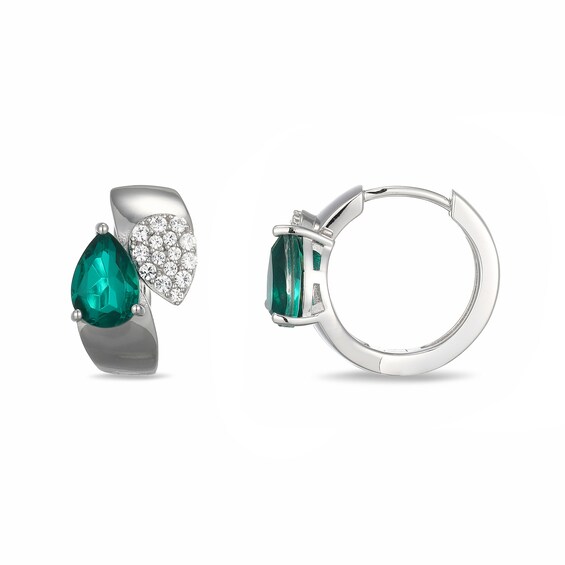 Pear-Shaped Green Quartz Doublet and White Lab-Created Sapphire Huggie Hoop Earrings in Sterling Silver