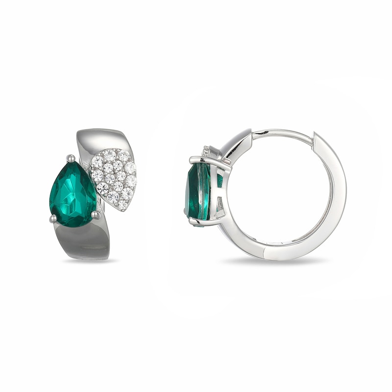 Main Image 2 of Pear-Shaped Green Quartz Doublet and White Lab-Created Sapphire Huggie Hoop Earrings in Sterling Silver