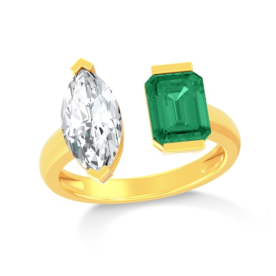 Marquise White Lab-Created Sapphire and Octagon Lab-Created Emerald Ring in Sterling Silver with 14K Gold Plate