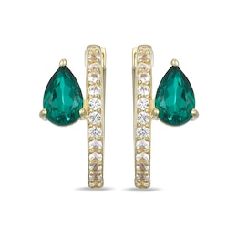 Pear-Shaped Green Quartz Doublet and White Lab-Created Sapphire Hoop Earrings in Sterling Silver with 18K Gold Plate