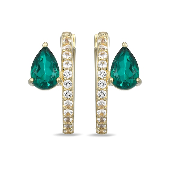 Pear-Shaped Green Quartz Doublet and White Lab-Created Sapphire Hoop Earrings in Sterling Silver with 18K Gold Plate