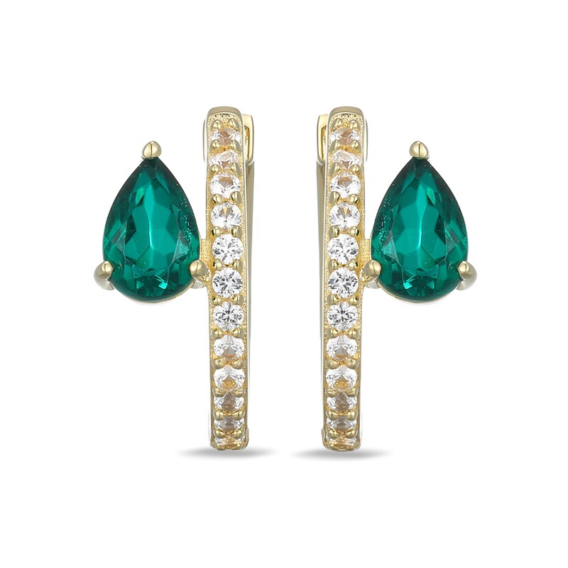 Main Image 1 of Pear-Shaped Green Quartz Doublet and White Lab-Created Sapphire Hoop Earrings in Sterling Silver with 18K Gold Plate