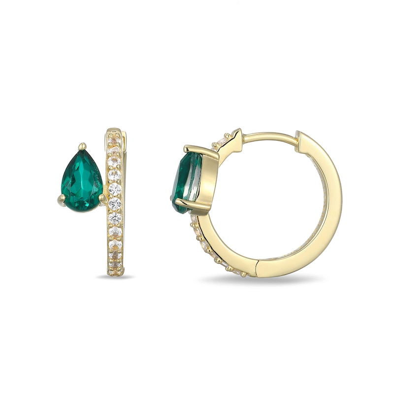 Main Image 2 of Pear-Shaped Green Quartz Doublet and White Lab-Created Sapphire Hoop Earrings in Sterling Silver with 18K Gold Plate