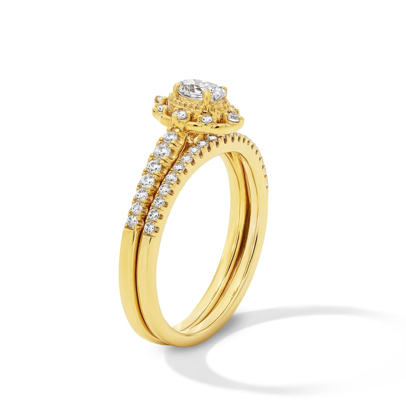 Main Image 2 of 5/8 CT. T.W. Oval Certified Lab-Grown Diamond Vintage-Inspired Bridal Set in 14K Gold (F/VS2)