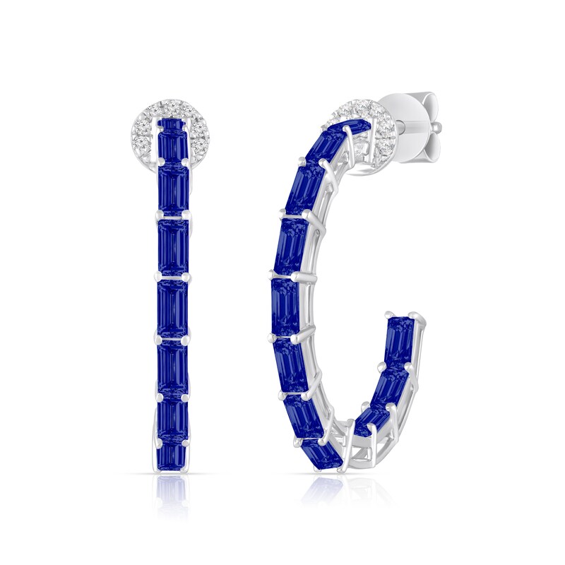 Main Image 1 of Baguette-Cut Blue Lab-Created Sapphire and White Lab-Created Sapphire Hoop Earrings in Sterling Silver
