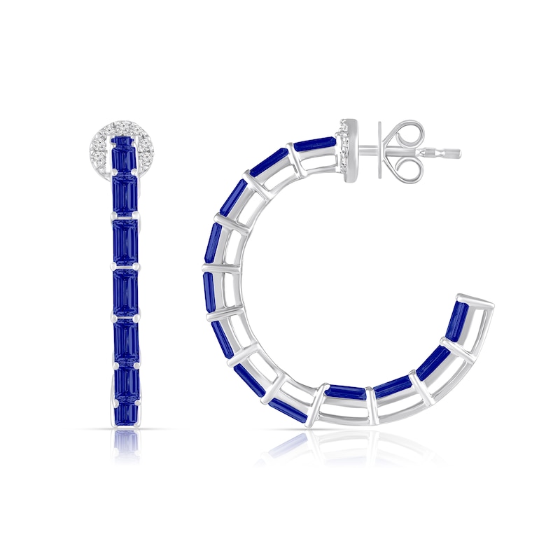 Main Image 2 of Baguette-Cut Blue Lab-Created Sapphire and White Lab-Created Sapphire Hoop Earrings in Sterling Silver
