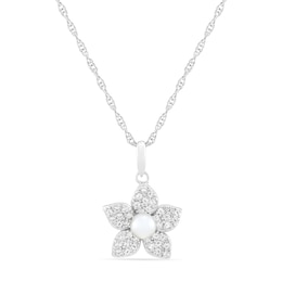 4.0mm Freshwater Cultured Pearl and White Lab-Created Sapphire Floral Pendant in Sterling Silver