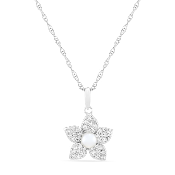 4.0mm Freshwater Cultured Pearl and White Lab-Created Sapphire Floral Pendant in Sterling Silver
