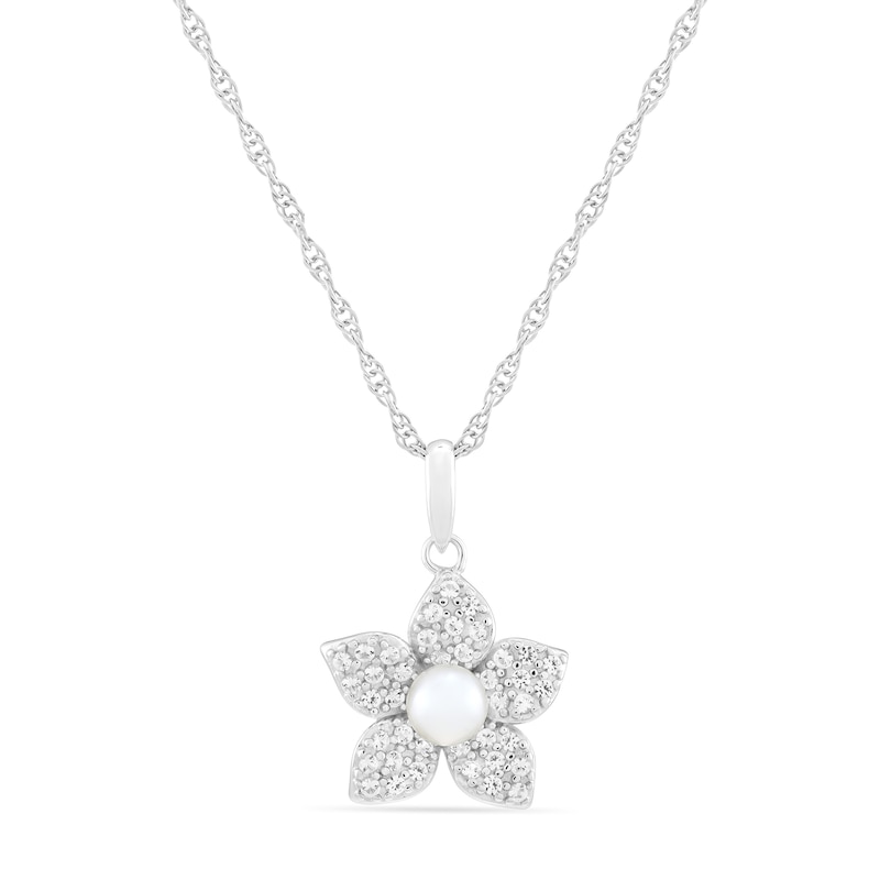 Main Image 1 of 4.0mm Freshwater Cultured Pearl and White Lab-Created Sapphire Floral Pendant in Sterling Silver