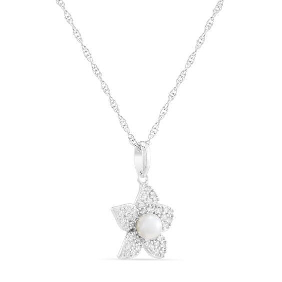 4.0mm Freshwater Cultured Pearl and White Lab-Created Sapphire Floral Pendant in Sterling Silver