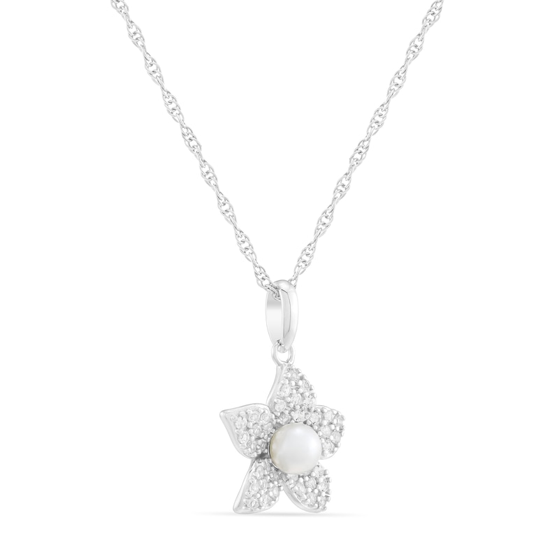 Main Image 2 of 4.0mm Freshwater Cultured Pearl and White Lab-Created Sapphire Floral Pendant in Sterling Silver