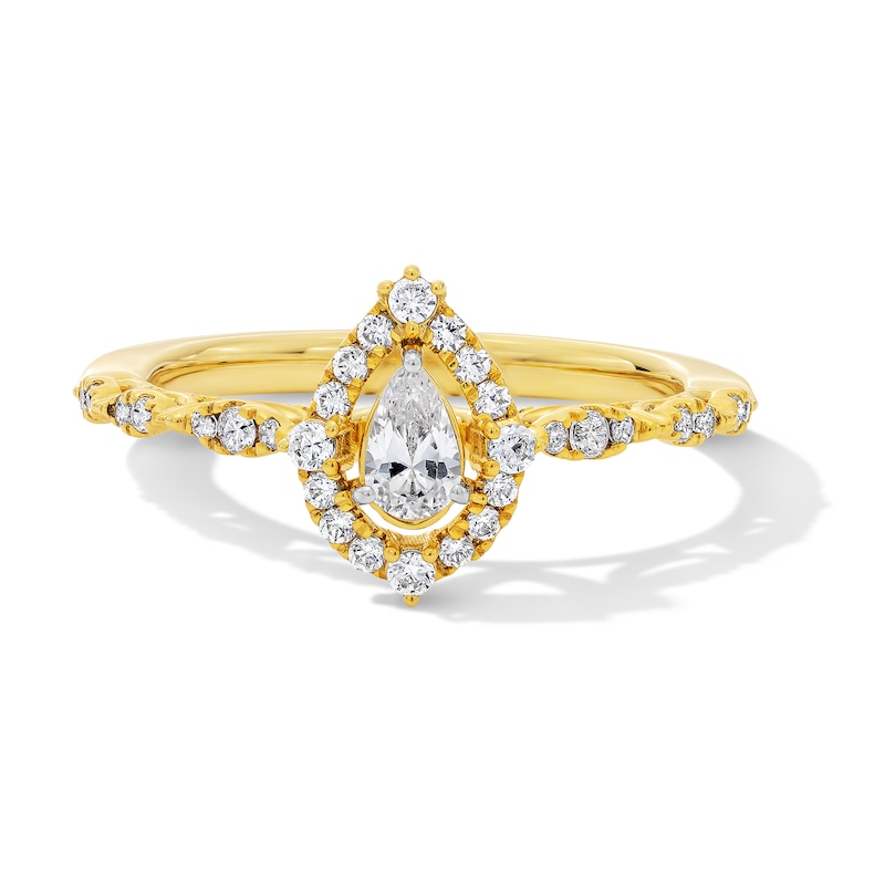 Main Image 1 of 1/2 CT. T.W. Pear-Shaped Diamond Frame Engagement Ring in 14K Yellow Gold (I/I1)