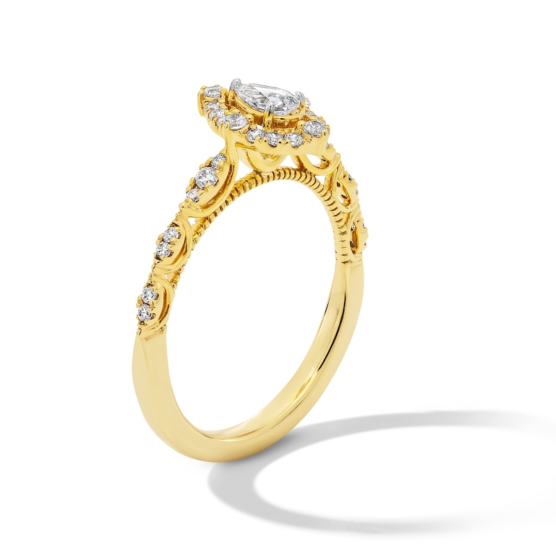 Main Image 3 of 1/2 CT. T.W. Pear-Shaped Diamond Frame Engagement Ring in 14K Yellow Gold (I/I1)