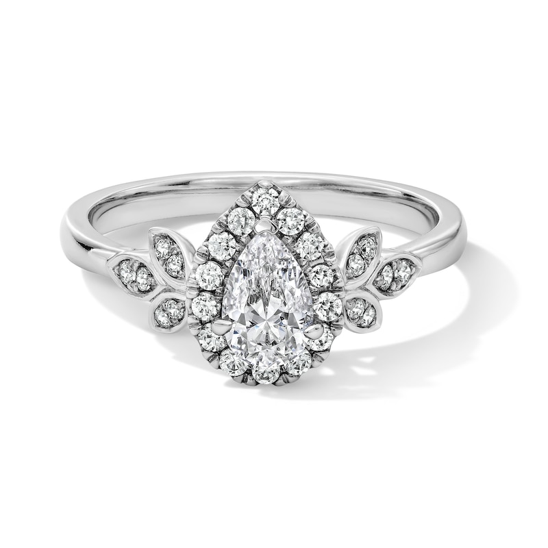 Main Image 1 of 3/4 CT. T.W. Pear-Shaped Certified Lab-Grown Diamond Frame Engagement Ring in 14K White Gold (F/VS2)