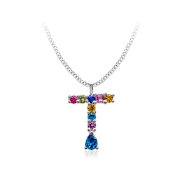 Multi-Color Initial "T" Necklace with Birthstone (1 Stone)