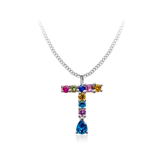 Multi-Color Initial "T" Necklace with Birthstone (1 Stone)