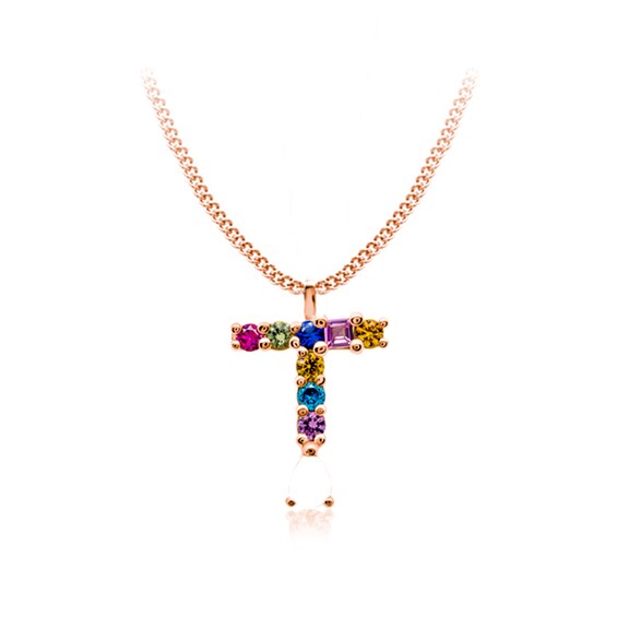 Multi-Color Initial "T" Necklace with Birthstone (1 Stone)