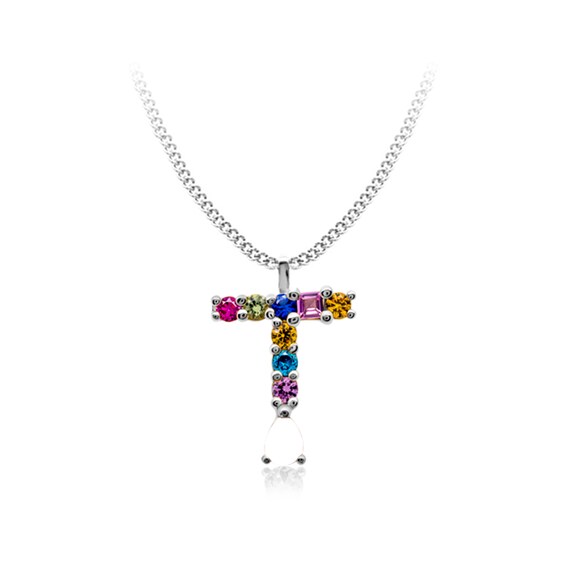 Multi-Color Initial "T" Necklace with Birthstone (1 Stone)