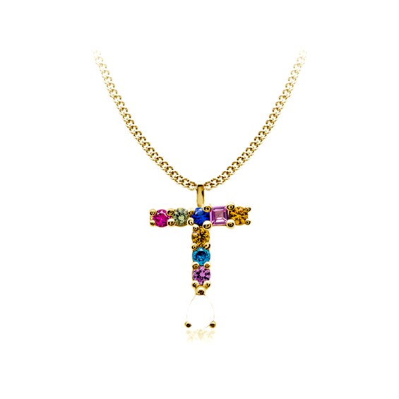 Multi-Color Initial "T" Necklace with Birthstone (1 Stone)