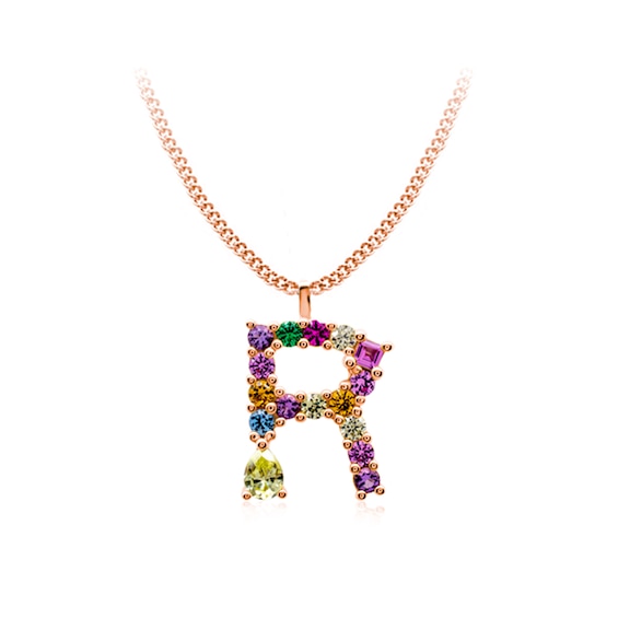 Multi-Color Initial "R" Necklace with Birthstone (1 Stone)