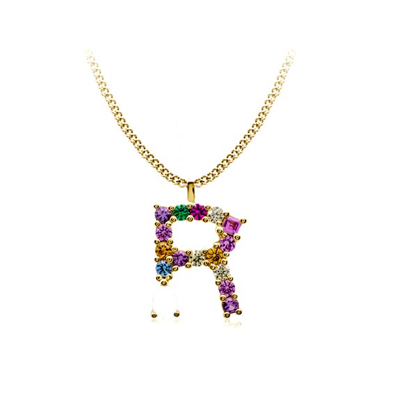 Multi-Color Initial "R" Necklace with Birthstone (1 Stone)