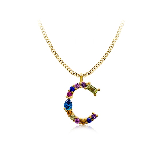 Multi-Color Initial "C" Necklace with Birthstone (1 Stone)