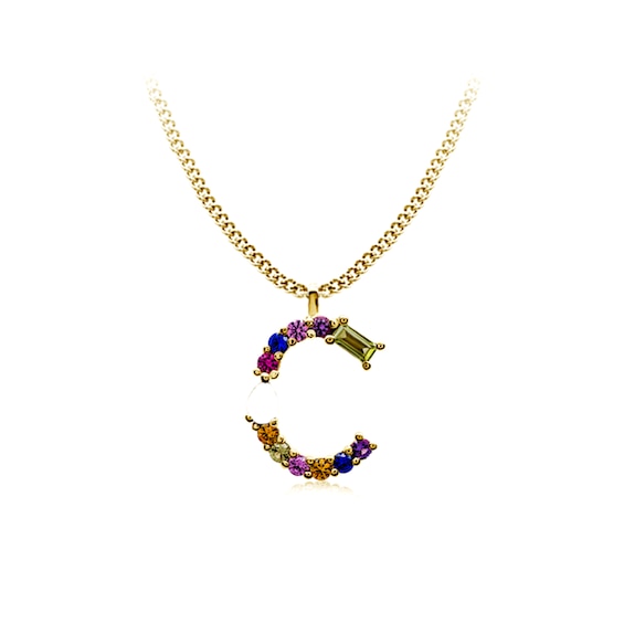 Multi-Color Initial "C" Necklace with Birthstone (1 Stone)