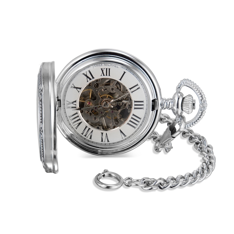 Main Image 1 of James Michael Silver-Tone Pocket Watch with White Skeleton Dial (Model: PMA011011W)