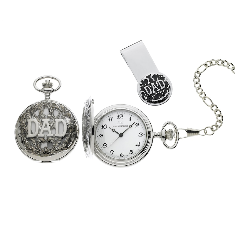 Main Image 1 of James Michael “DAD” Antiqued Pocket Watch with White Dial and Money Clip Gift Set (Model: PQG011001W)