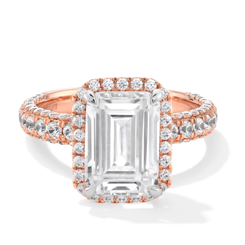 Main Image 1 of Vera Wang Love Collection 4 CT. T.W. Radiant-Cut Certified Radiant Lab-Grown Diamond Halo Ring in 14K Rose Gold (F/VS2)