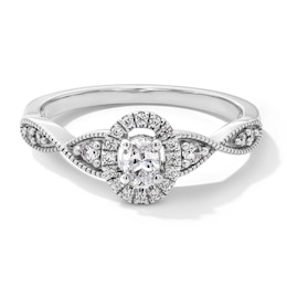 1/3 CT. T.W. Oval Certified Lab-Grown Diamond Frame Twist Shank Promise Ring in Sterling Silver (F/SI2)